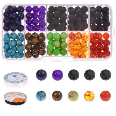 China Hole + Semi Finished Product + Multipurpose 200pcs 8mm Round Stone Beads Box Set Kits 8mm Round Black Lava Stone Beads Box Set Kit Tiger eye Gemstone Loose Beads Set-002 for sale