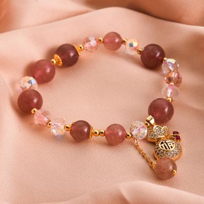 China Romantic Natural Strawberry Quartz Cut Crystal beads 18K Gold Plated Women Bracelets Micro Insert BR-016 for sale