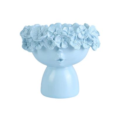 China Nordic Art Head Resin Flower Vase Planter Resin Crafts Low Moq Blue Resin for sale