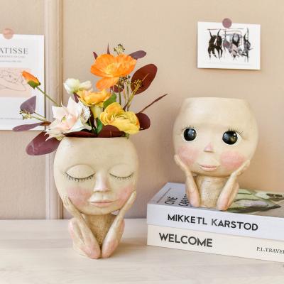 China INS Girl Contemporary Customized Artistic Hand Painted Vase Portrait Sculpture Flower Pot Decorative Ornaments for sale