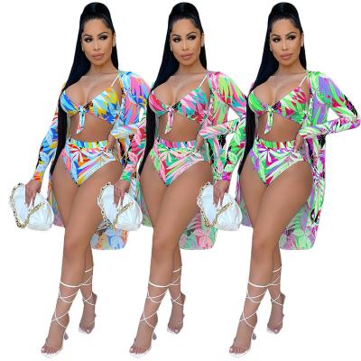 China BNDY6991 2021sexy breathable summer printed bandage swimsuit bikini set 3 piece swimsuit women for sale