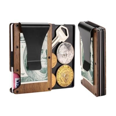 China RFID Blocking RFID Credit Card Holder Safe Wallet With Clip Bank Card Holder RFID Wallet And Mini Coin Tray Walnut Wooden Money Aluminum Wallet for sale