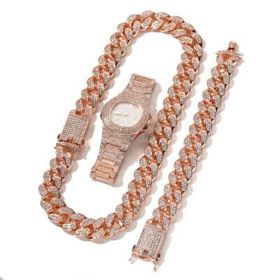 China Cheap and fine chronograph! 20mm Cuban Necklace Chain Jewelry Set For Man Gift Iced Out Rose Gold Quartz Watches Set for sale