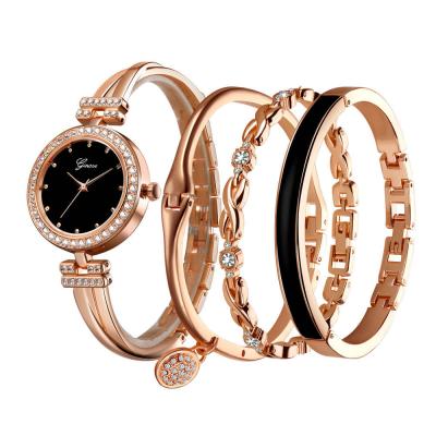 China Popular Chronograph Design Black Strap Quartz Watch For Ladies High Quality Rose Gold Plating XOXO Watch Jewelry Set For Wedding for sale