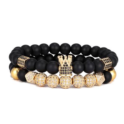 China New Fashion Gold Plating Beaded Copper Diamond 2 Pcs Bracelet IG Black Stone Beads Lucky Bracelets Crown Rhinestone Beads Energy Yoga Ball Bracelet For Man for sale