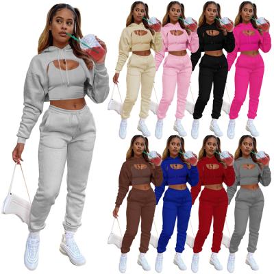 China New Arrival Anti-pilling Solid Color Hollow Out Drawstring Hoodies Stylish Three Piece Sports Set Women Clothes 2021 for sale