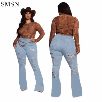 China Best Seller Breathable Stylish Holes Pockets Womens Jeans Bell Bottom Casual Pants Ripped Jeans for sale