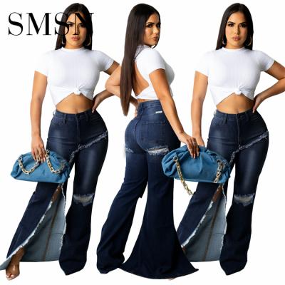 China Sustainable Plus New Design Breathable High Waist Split Jeans Button Denim Ripped Jeans For Stylish Women for sale