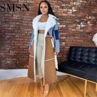 China New Large Lapel Denim Patchwork Wool Coat Breathable Fashionable Cashmere Long Stripper Jacket Women for sale