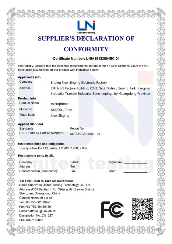 FCC - Enping City New Singing Electronics Factory