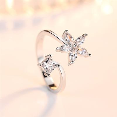 China Punk 925 Sterling Silver Adjustable Pentagram Flower Shining CZ Female Rings For Women Wedding Engagement Jewelry for sale