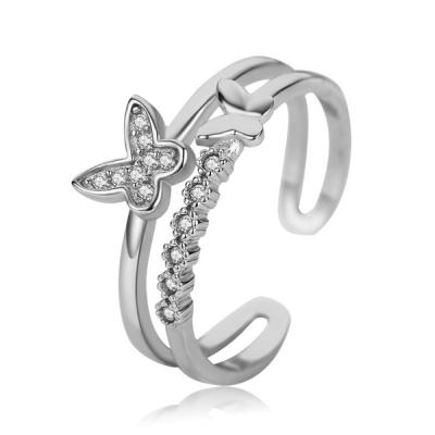 China Environmentally Friendly Adjustable Custom Open 925 Sterling Silver Butterfly Double Layer Rings for sale