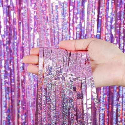 China PET Laser Rain Curtain 3x6m Rose Gold Fringe Curtain For Birthday Party for sale