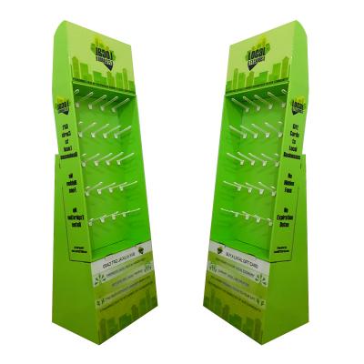 China Advertising Customized Cardboard Display Stand Floor With Folded/Inserted Header And Plastic Hooks Consumer Electronics Display Racks for sale