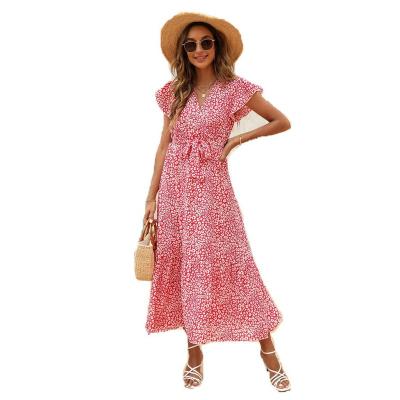 China V-band V-band Neckline Summer Viable Dress Women's Floral Belted Pleated Edge Tea Length Full Skirt Dresses Sleeve Dress for sale