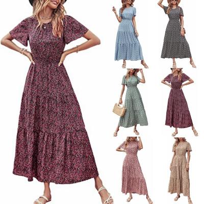 China Summer Viable Women's Round Neck Pleated Elastic Waist Layered Sleeve Dress Floral Print Short Dresses for sale