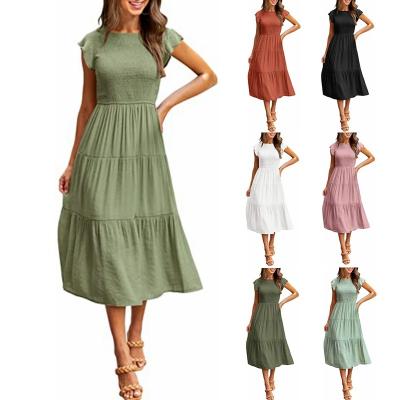 China Cheap Summer Casual Women Pleated Layered Big Swing Dress Short Sleeve Girls for sale