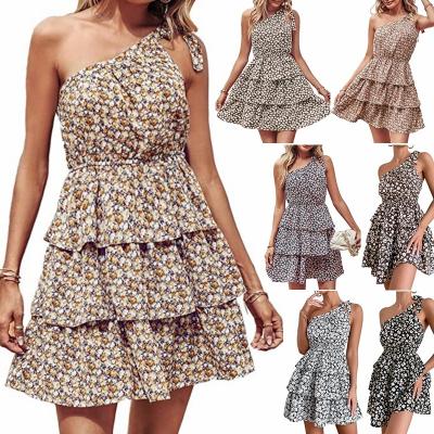 China Viable Summer Women Dress Off Shoulder Slant Bra Printed Sleeveless Multi-Layer Floral Print Dress Lace Up Dresses for sale