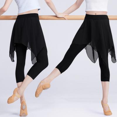 China Professional Black Stretchy Women Ballet Dance Leg Pants Girls Adult Ballet Workout Pants With Chiffon Skirt Fitness Gym Pants for sale