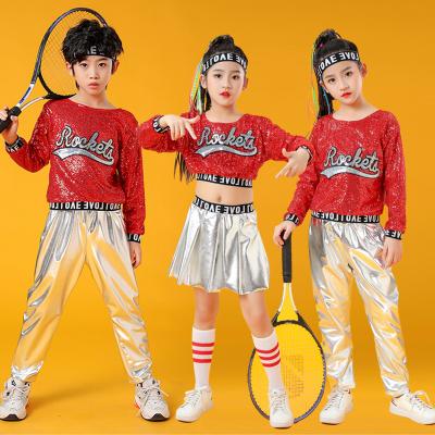 China Sets NEW 2022 Hop Red Sequin Children Kids Jazz Dance Costumes Suit Girls Stage Crop Top and Pants Red Dance Costume for sale