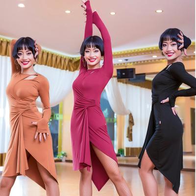 China Dresses Irregular Latin Lady Ballroom Tango Dresses Cha Salsa Clothes For Women Dance Skirt Long Sleeve Latin Dress Practice Wear DN1505 for sale