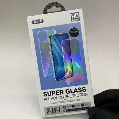 China Recycled materials HD 2in1 tempered glass film packaging with dust cover screen front and protective film packaging back box for sale