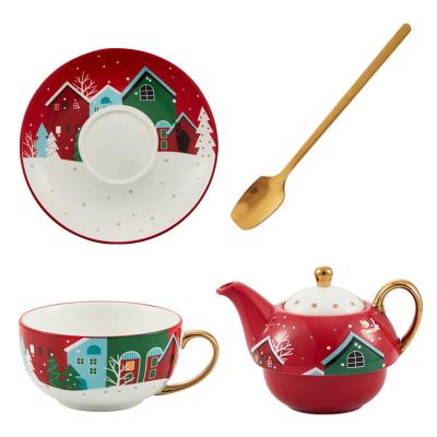 China Christmas Popular Statistical Institute of Statistics Hot Sale Ceramic Santa Cartoon Mug Cup Spoon Pot Gifts Set Golden Tea Set Party Supplies Christmas Decoration for sale