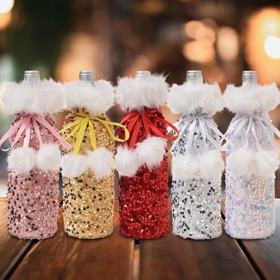 China 2022 Hot Selling Glitter Cloth Party Wine Decoration Party Gift Wine Bag Santa Christmas Mustache Santa Christmas White Wine Bottle Covers Mini Glitter Hot Hat for sale