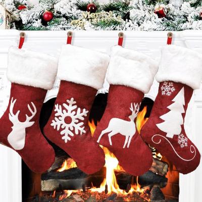 China Cute Christmas Gift Bag Kenaf Elks Embroidered Red Christmas Stocking Christmas Gifts Hanging Tree Decoration Pendants for sale