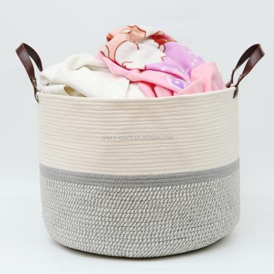 China Large Sustainable Woven Cotton Rope Basket Storage Organizer with Leather Handles for Home Decorative Blankets Living Room Laundry Basket for sale