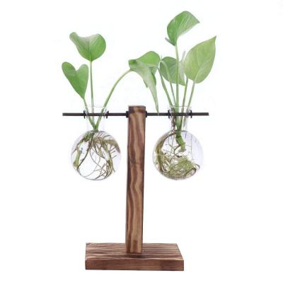 China Eco-Friendly Hanging Libra Planter Bulb Desktop Glass Vase With Retro Solid Wood Stand For Hydroponics Plants Office Wedding Decor for sale