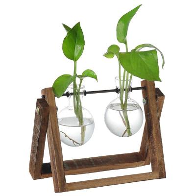 China Eco-friendly Clear Glass Planter Bulb Vases With Rustic Wood And Metal Swivel Stand Holder, Decorative Mini Plant Greenhouse for sale