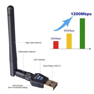 China Windows7/8/10 High Quality 1200Mbps Wireless 802.11AC 5.8GHz/2.4GHz Dual Band USB WiFi Adapter for Desktop/PC/Laptop for sale