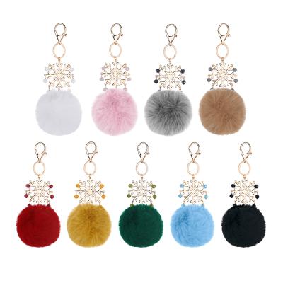 China Snowflake Christmas Decoration Fur Ball Rex Rabbit Pompom with beads Keychain for sale