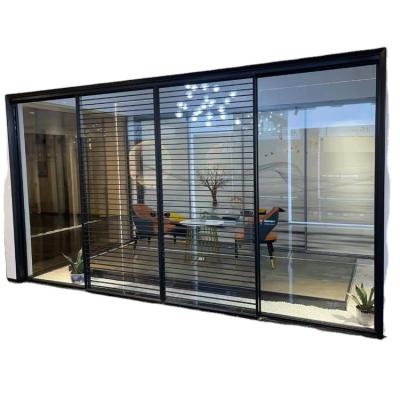 China Minimalist Xilin Moden Slim Frame Black Aluminum Multi Panel Tempered Glass Moden Sliding Door for sale