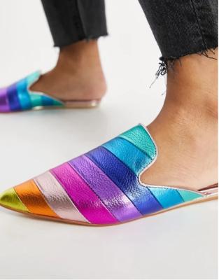 China 2021 Lightweight Fashionable Slip Ons For Women Pointed Rainbow Leather Flat Toe Shoes Mule for sale