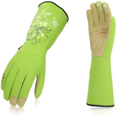 China Puncture Resistance Green Flower Printing Ladies Long Synthetic Leather Cuff Rose Garden Gloves for sale