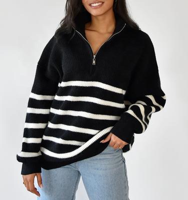 China Anti-wrinkle knitwear fashion women knit striped half-zip neck black and white knit sweater for sale