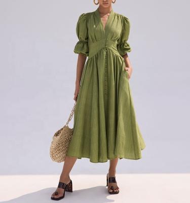 China New Breathable Fashion Women's V Neck Buttons Up Shirt Details Dress Puff Sleeves Cotton Canvas Solid Midi Dress for sale