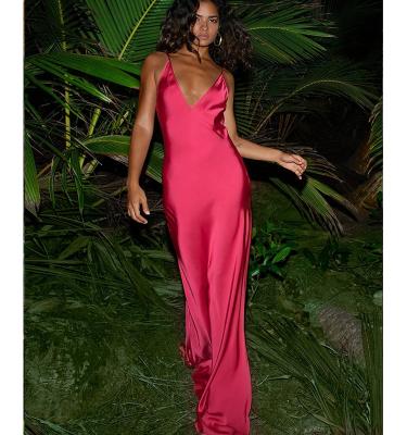 China Red High Slit Spaghetti Strap Breathable Satin Sleeveless Spaghetti Strap Women's Maxi Dress V Neck Summer Dress for sale