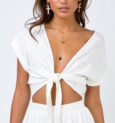 China 2021 New Fashion Manufacturer Full Sleeve Short Sleeve Tie Front White Linen Blouse Wholesale Breathable Women's Crop for sale