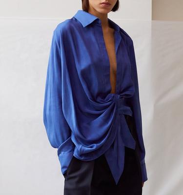 China 2021 New Arrival Women Breathable Apparel Long Sleeve Draped Bow Satin Silk Shirt for sale