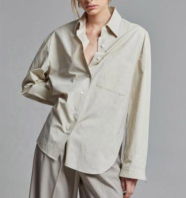 China Newest Breathable Poplin Cotton Shirt Women Loose Long Pocket Cotton Beige Shirt Female Casual Blouses Tops for sale