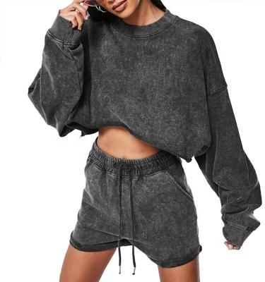 China Gray Acid Wash Street Wear Anti-Pilling Oversized Hoodie Drop Shoulder And Short 2 Piece Set Women Clothing for sale