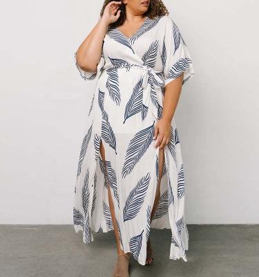 China New Arrival Summer V-Neck Viable Kimono Sheath Leaf Printed Rayon Loose Dress Plus Size Women Maxi Dress for sale