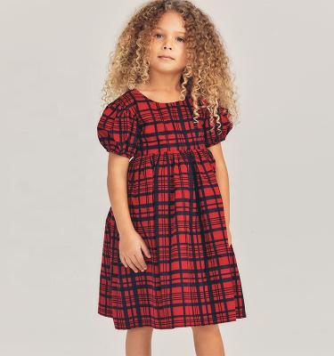 China New Washable Children Wear Little Girl Dress Christmas Plaid Skirt Red Puff Sleeve Dress For Cute Baby for sale