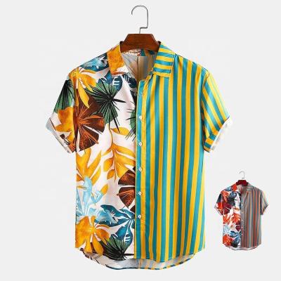 China Fashion Men Hawaiian Shirt Breathable Short Sleeve Print Striped Patchwork Summer 2021 Man Beach Shirt for sale