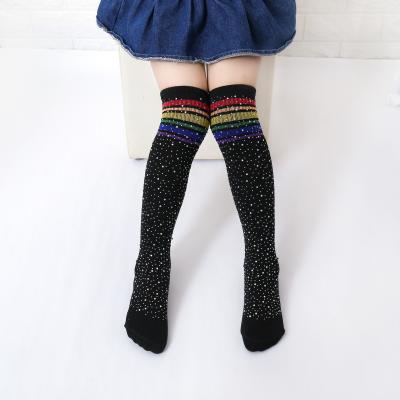 China Sustainable rainbow stripes bling knee high socks for little girls for sale