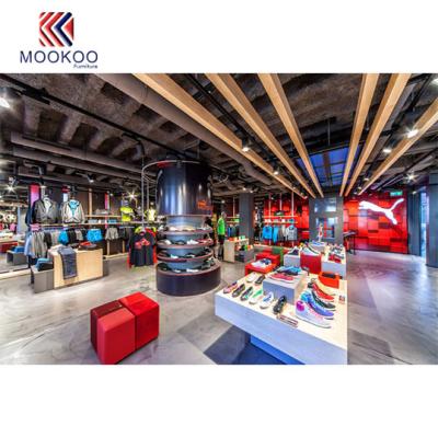 China High Quality Modern Retail Store Sports Shop Furniture With Red Color Wooden Cabinet From Mookoo Furniture for sale