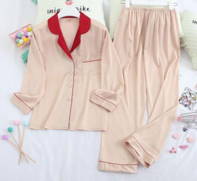 China New Autumn Contract Color Silk Pajamas fashionable SHINY QUICK DRY sets long sleeve sleepwear for women for sale